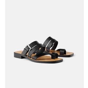Zara square toe flat black leather sandals 39